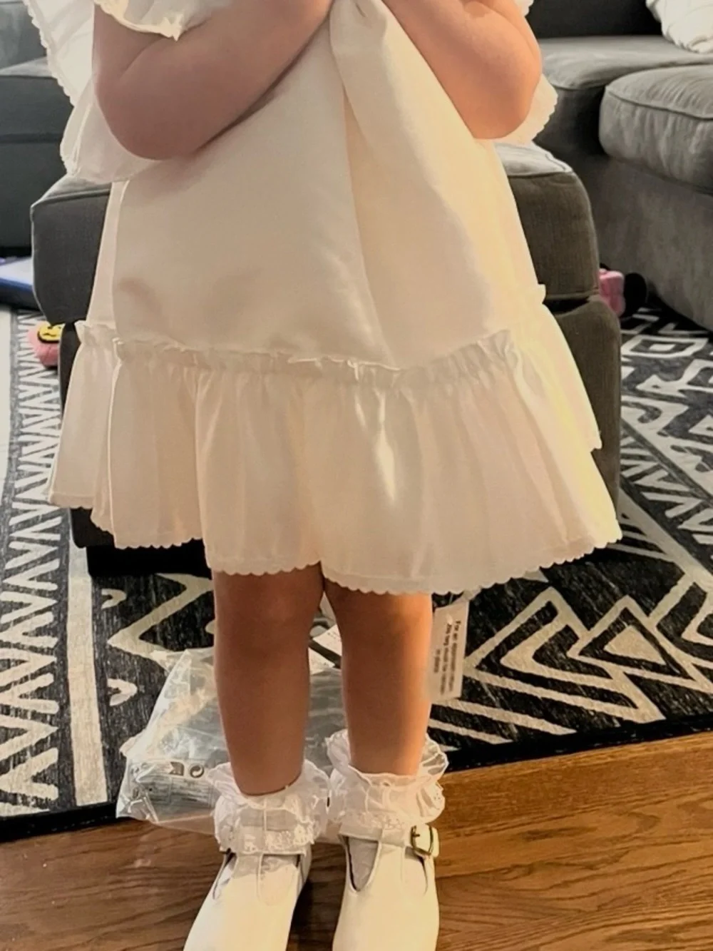 Alessi White Satin Puff-Sleeve Ruffle Hem Girls Dress